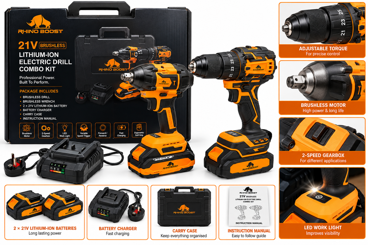 Rhino Boost 21V Brushless Cordless Drill & Impact Wrench Combo Kit – 2 Batteries, Charger & Carry Case
