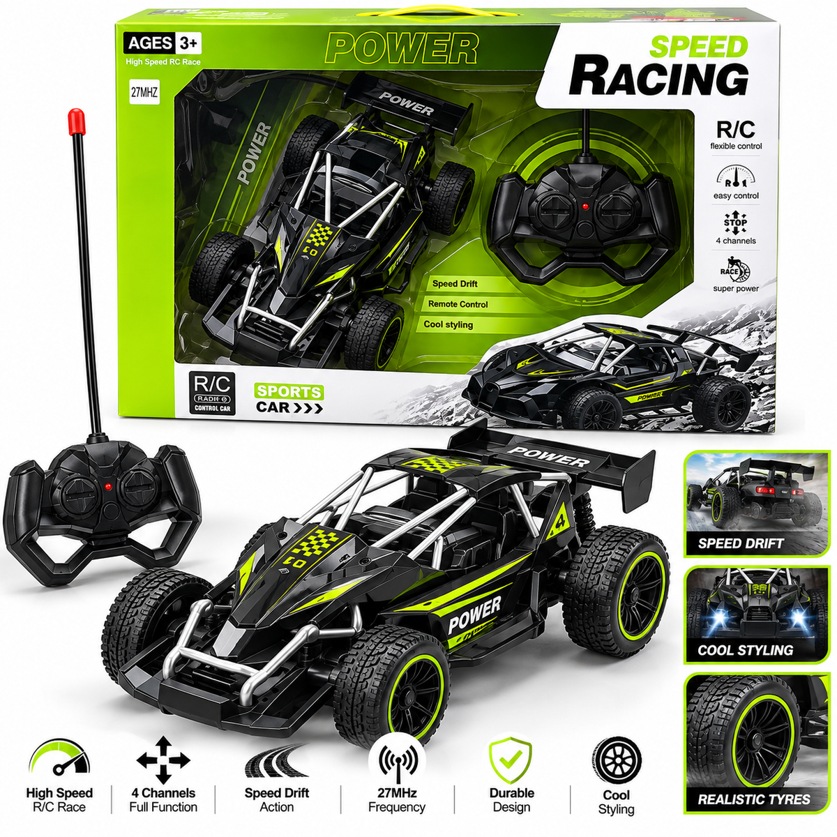 High Speed RC Racing Car – 4 Channel Remote Control Off-Road Buggy – Black & Green
