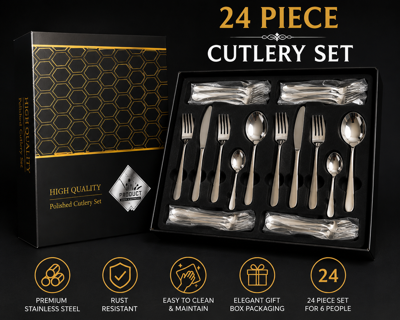 24 Piece High Quality Polished Cutlery Set – Stainless Steel