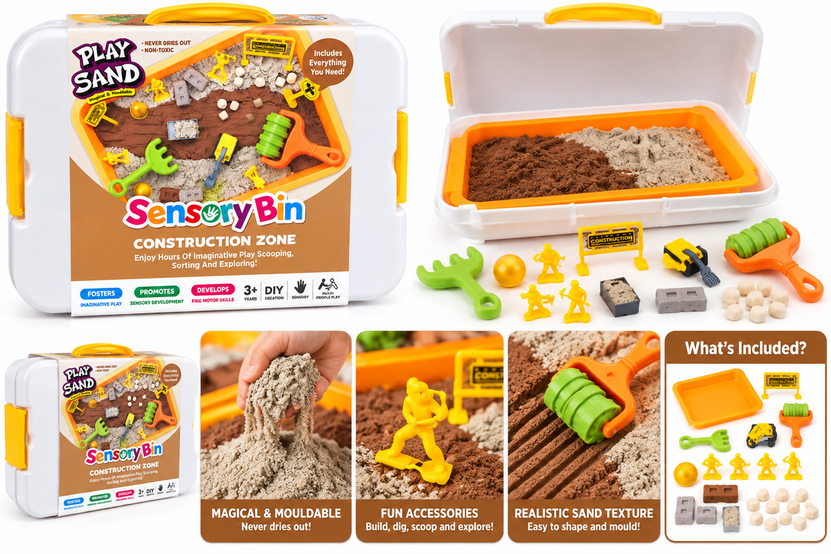 Play Sand Construction Zone Sensory Bin – Mouldable Sand & Construction Play Set