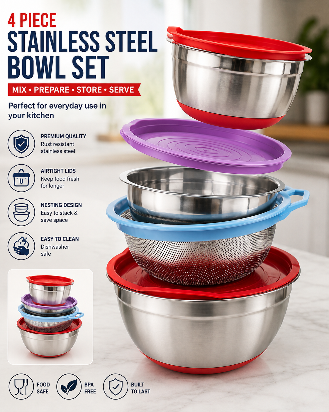 4 Piece Stainless Steel Mixing Bowl, Colander & Lid Set β Multi-Purpose Kitchen Prep Set