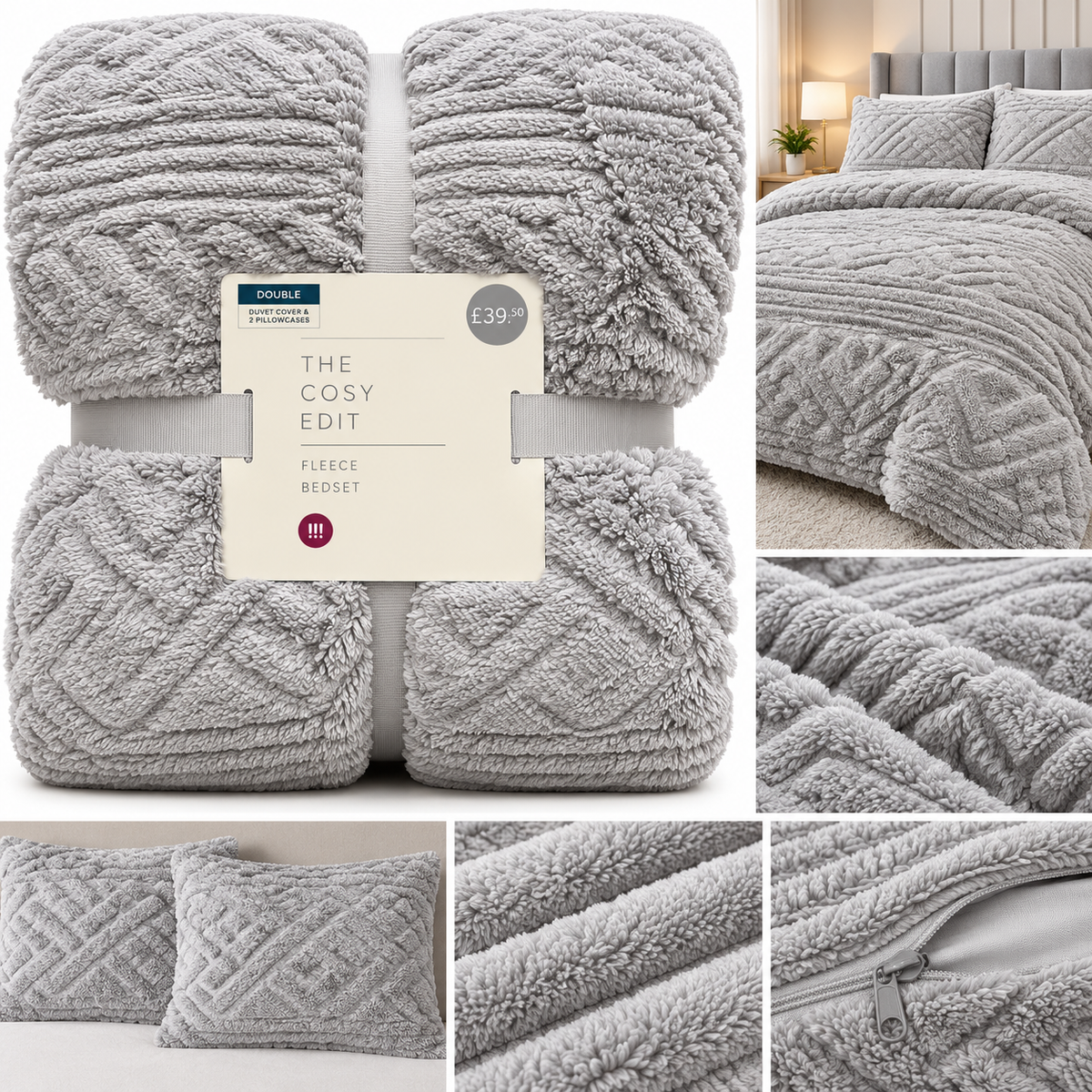 Luxury Fleece Bedding Set,Duvet cover & 2 pillowcases – Grey – Double – RRP £39.50