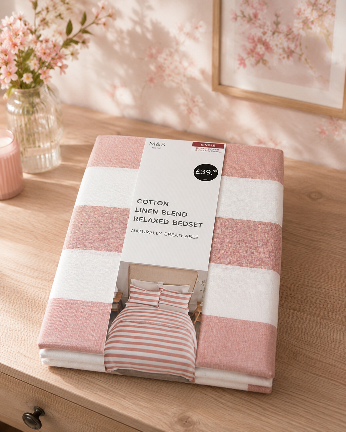 HIGH ST BRAND - PINK COTTON BEDSET - DUVET COVER + PILLOW CASE - SINGLE