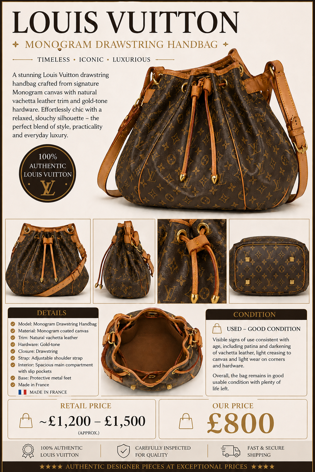 Authentic Louis Vuitton Monogram Drawstring Handbag - PRELOVED