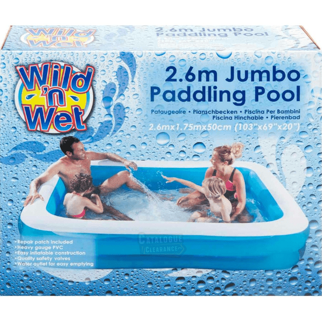 Wild & Wet 2.6m Jumbo Inflatable Family Pool with Repair Kit – Extra Large Rectangular Paddling Pool