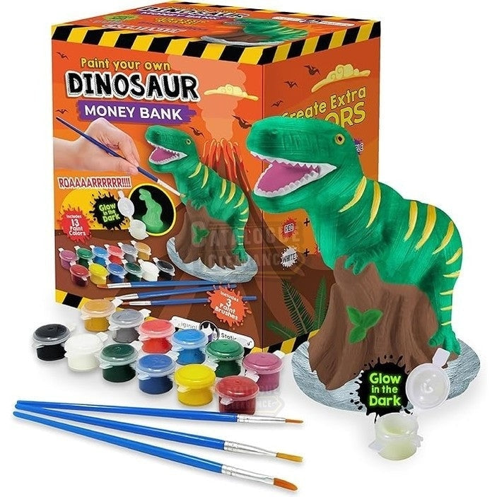 Paint Your Own Dinosaur Money Bank, Awesome Craft Kit with 13 Paint Colors