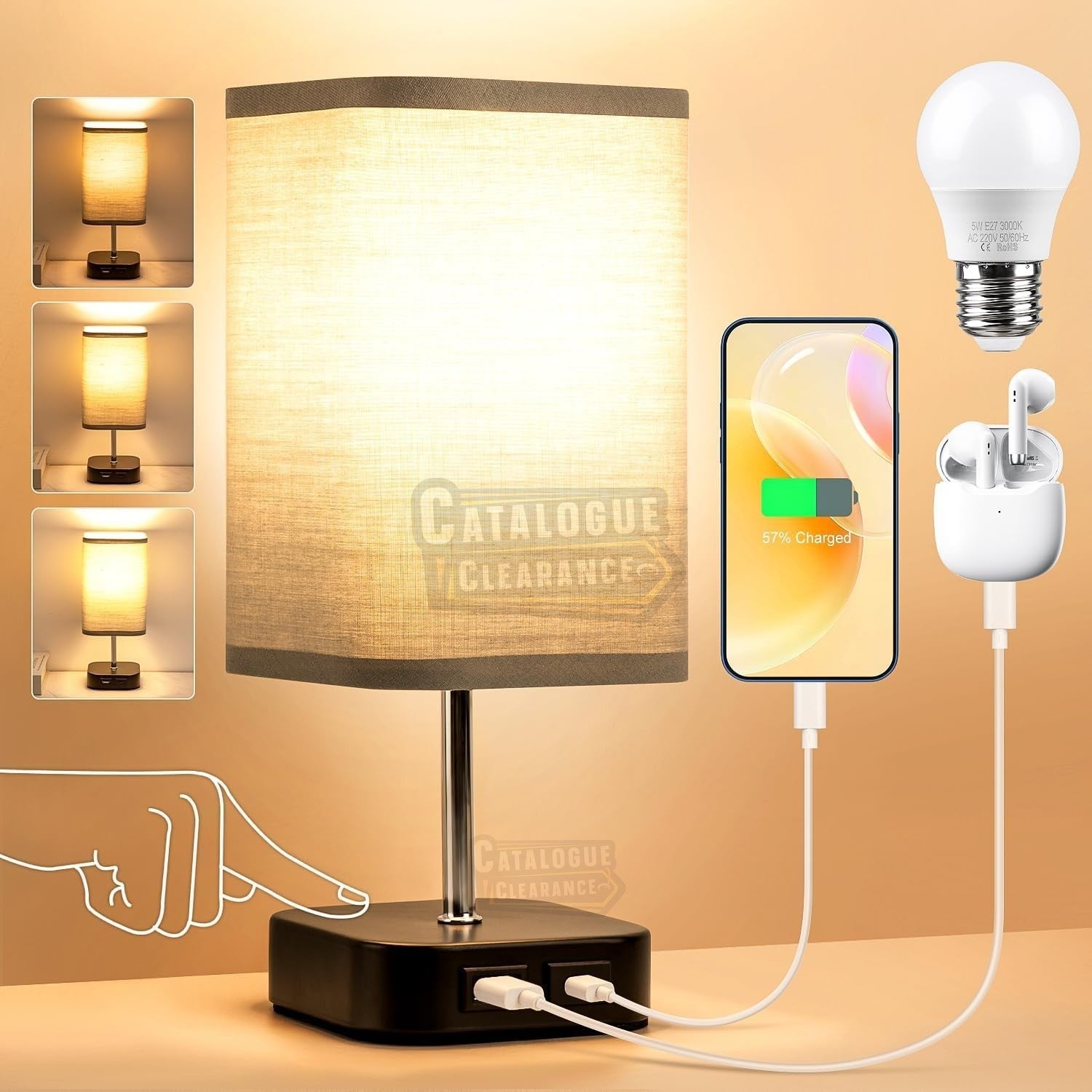 Table Touch Bedside Lamp – Rechargeable, 3-Way Dimmable with USB Charging Ports