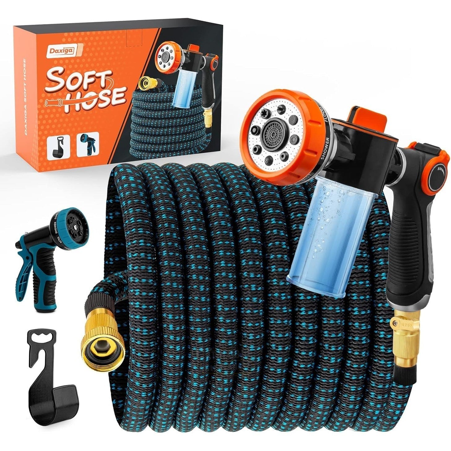 75ft Expandable Garden Hose with Brass Fittings & 10-Pattern Spray Nozzle + Soap Foam Gun