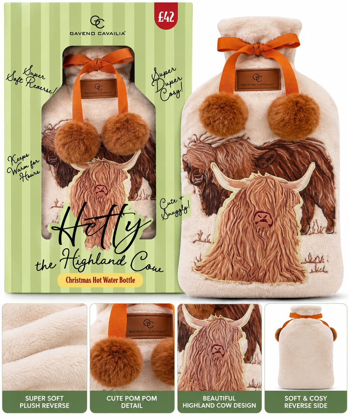 Gaveno Cavailia Hetty the Highland Cow 2L Hot Water Bottle – Luxury Soft Fleece Cover with Pom Poms