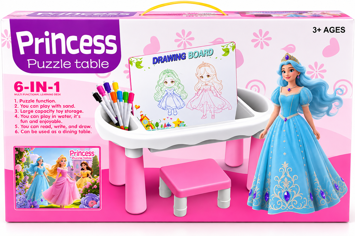 Princess 6-in-1 Children’s Activity Table & Stool Set – Drawing, Sand, Water & Puzzle Play