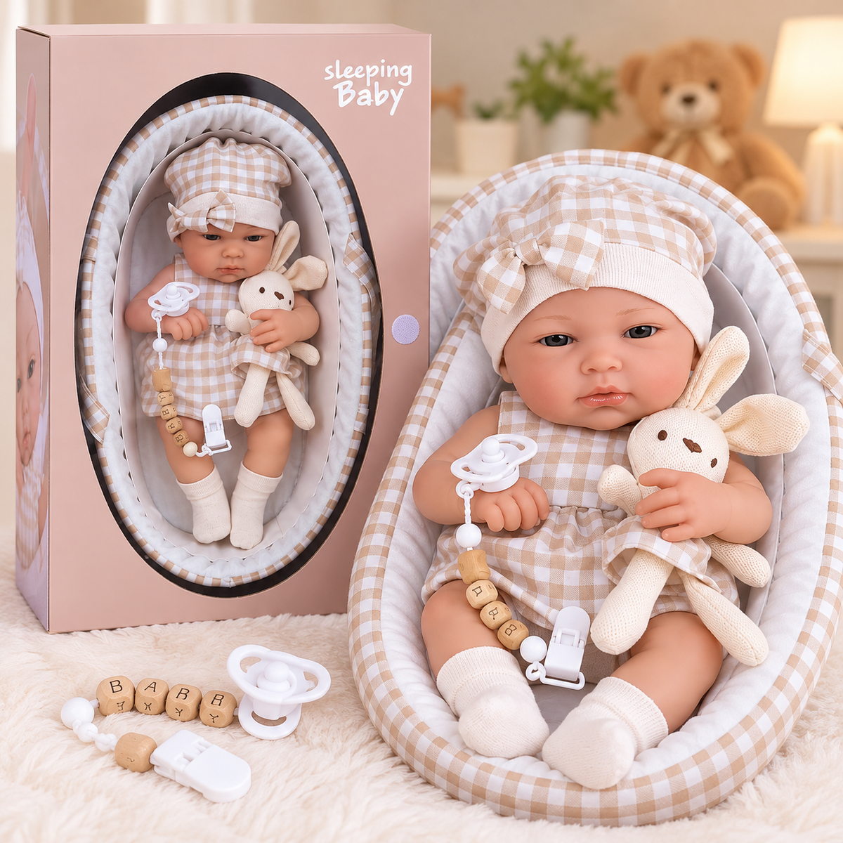 Lovely Baby 38cm Realistic Baby Doll – Beige Gingham Outfit with Bunny & Accessories