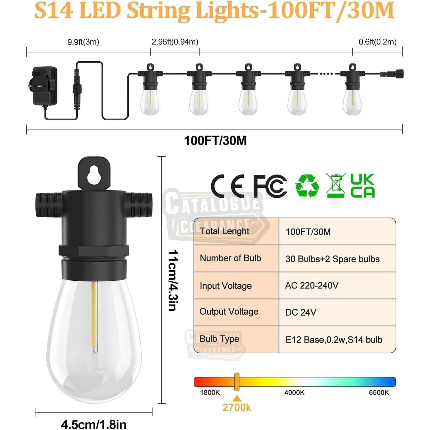 100ft Outdoor LED Festoon Lights - IP65 Waterproof Garden String Lights