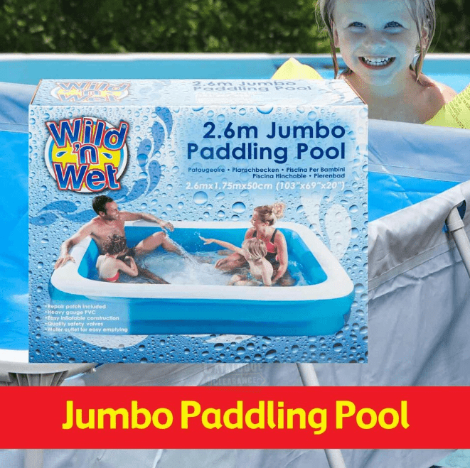 Wild & Wet 2.6m Jumbo Inflatable Family Pool with Repair Kit – Extra Large Rectangular Paddling Pool