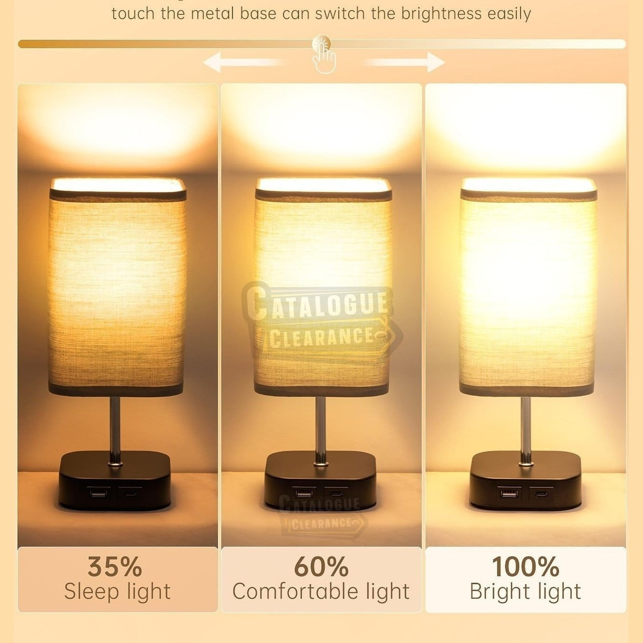 Table Touch Bedside Lamp – Rechargeable, 3-Way Dimmable with USB Charging Ports