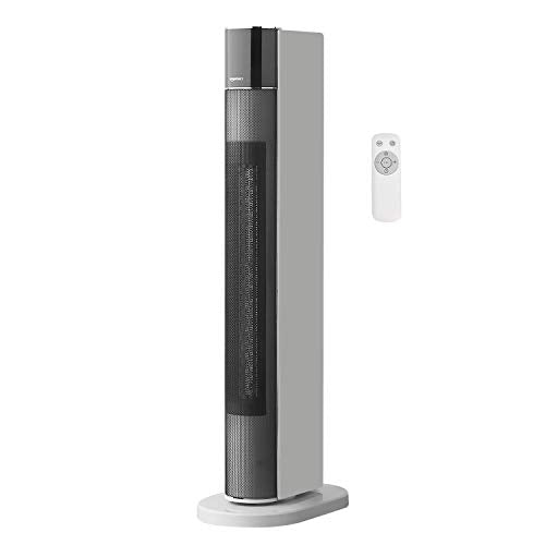 Amazon Basics ECO Oscillating Portable Tower Heater, 2 Fan Speeds, 3 Heat Settings, Timer and Remote Control, with UK plug, 2200W