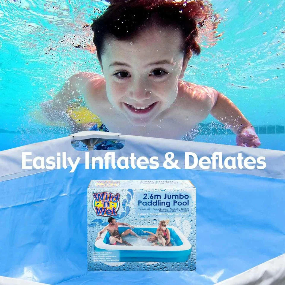 Wild & Wet 2.6m Jumbo Inflatable Family Pool with Repair Kit – Extra Large Rectangular Paddling Pool