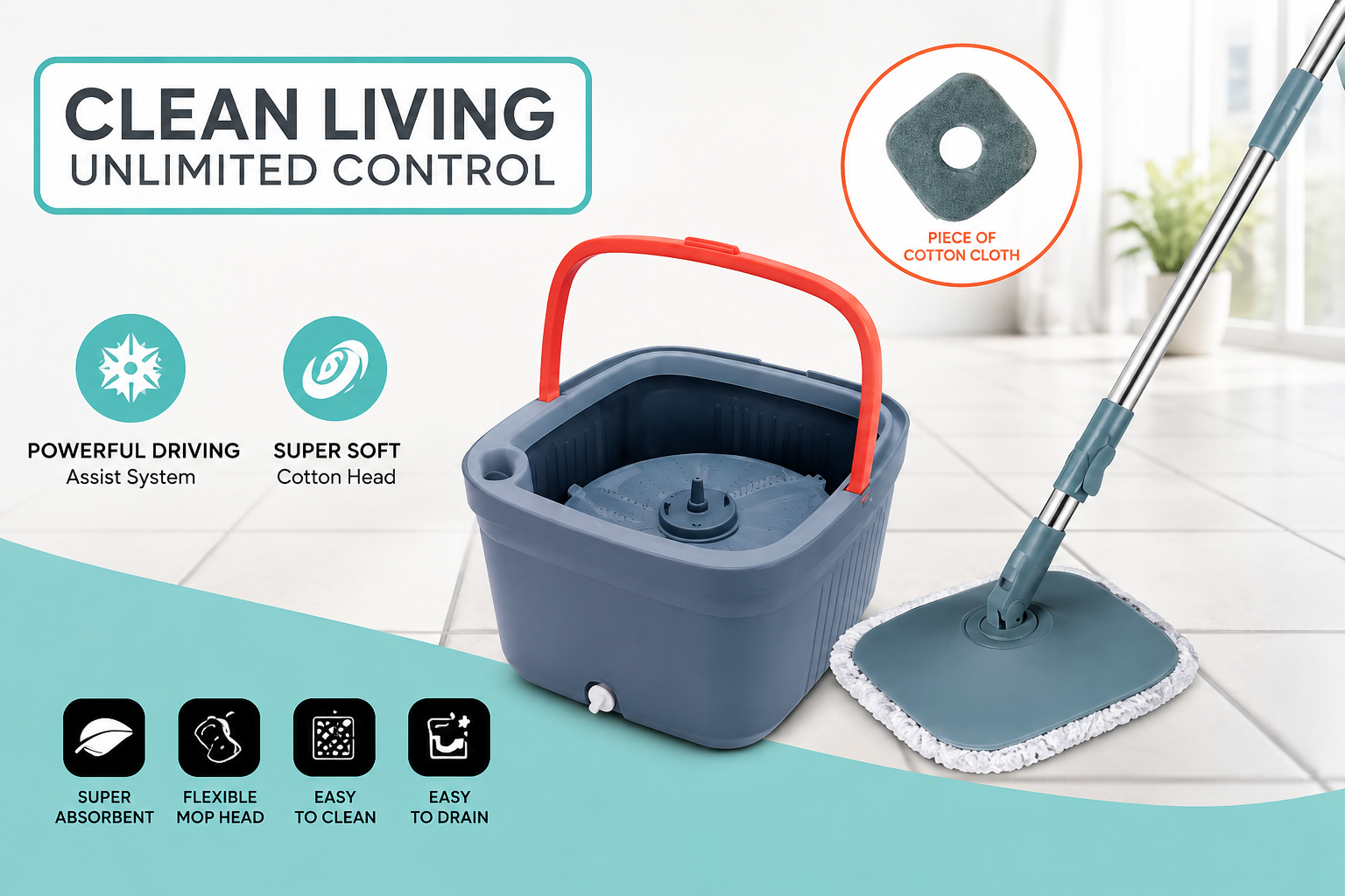 Clean Living Spin Mop & Bucket Set – 360° Flexible Flat Mop