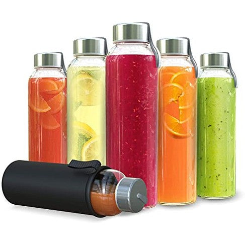 Chef’s Star 3-Pack 18oz Clear Glass Water Bottles with Protective Sleeves, Lids & Cleaning Brush