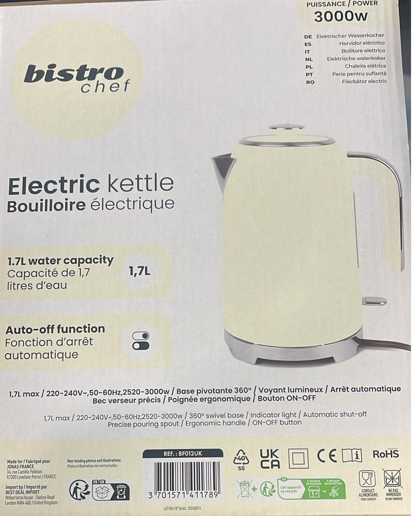 Bistro Chef 1.7L Electric Kettle – Cream | 3000W