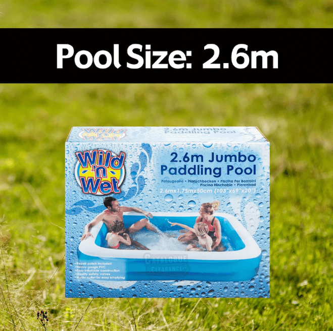 Wild & Wet 2.6m Jumbo Inflatable Family Pool with Repair Kit – Extra Large Rectangular Paddling Pool
