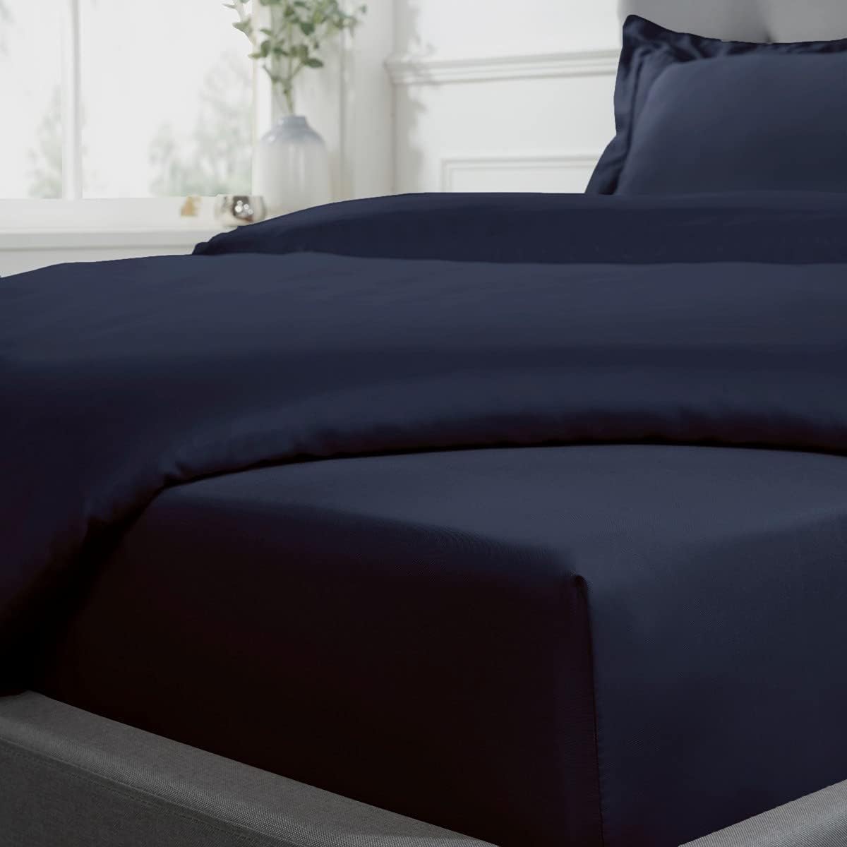Sleepdown Fitted Sheet 100% Cotton Sateen Soft Cosy 16" 40cm Extra Deep 300 Thread Count Luxury Bedding Bedsheet Bed Linen - Navy Blue - Super King
