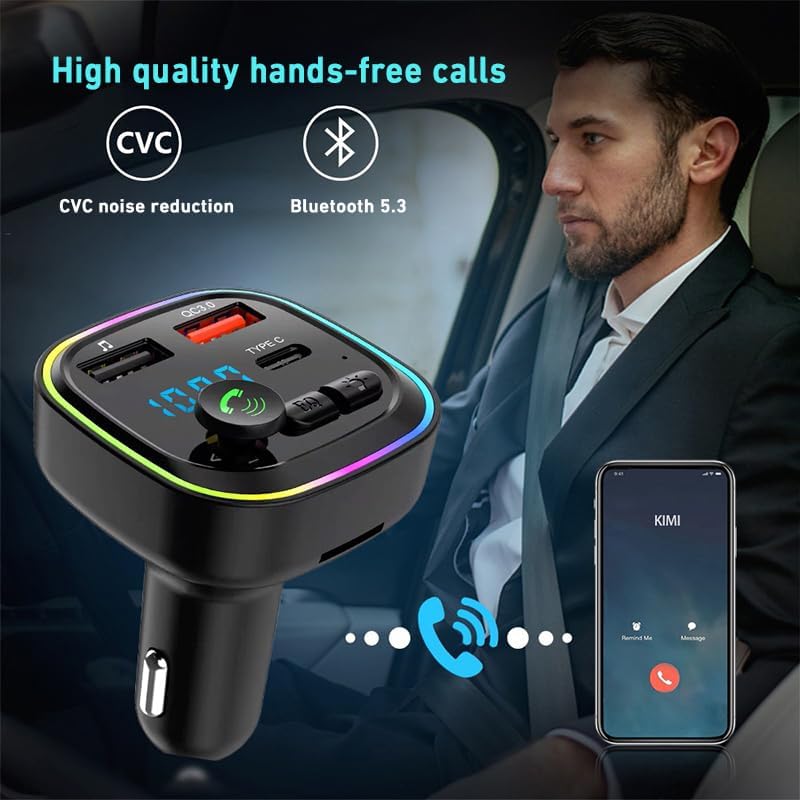 Bluetooth 5.3 FM Transmitter for Car – 20W PD & QC3.0 Fast Charging, Hands-Free Calling, USB & Type-C Car Adapter
