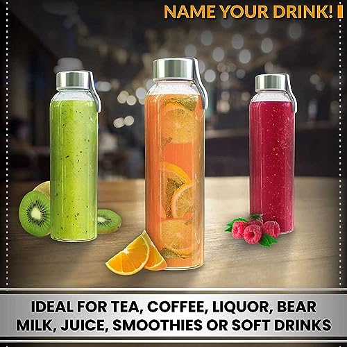 Chef’s Star 3-Pack 18oz Clear Glass Water Bottles with Protective Sleeves, Lids & Cleaning Brush