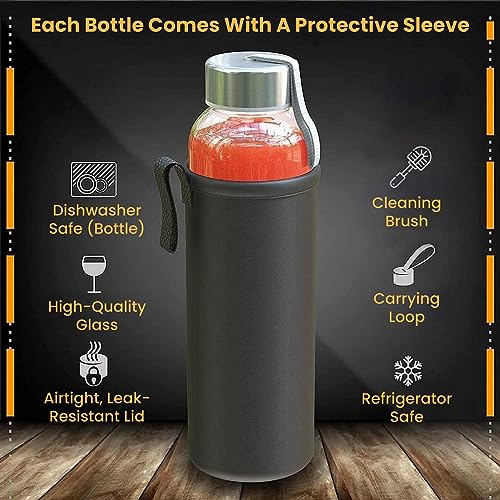 Chef’s Star 3-Pack 18oz Clear Glass Water Bottles with Protective Sleeves, Lids & Cleaning Brush