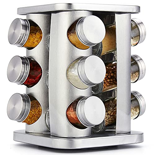 Stainless Steel Rotating Spice Carousel – 12-Jar Revolving Seasoning Organizer with Glass Bottles for Kitchen Counter or Cabinet