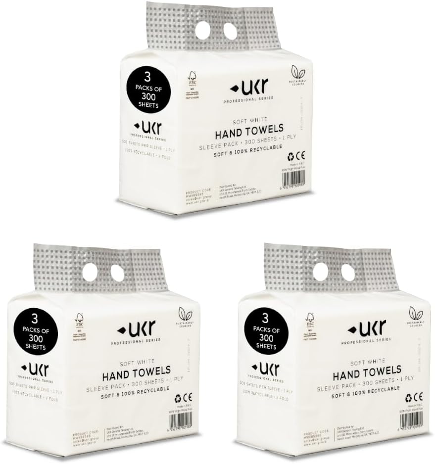 UKR White V-Fold Paper Hand Towels – 1 Ply, 900 Sheets (3 x 300) | 100% Recyclable & Absorbent