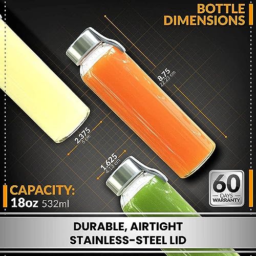 Chefβs Star 3-Pack 18oz Clear Glass Water Bottles with Protective Sleeves, Lids & Cleaning Brush