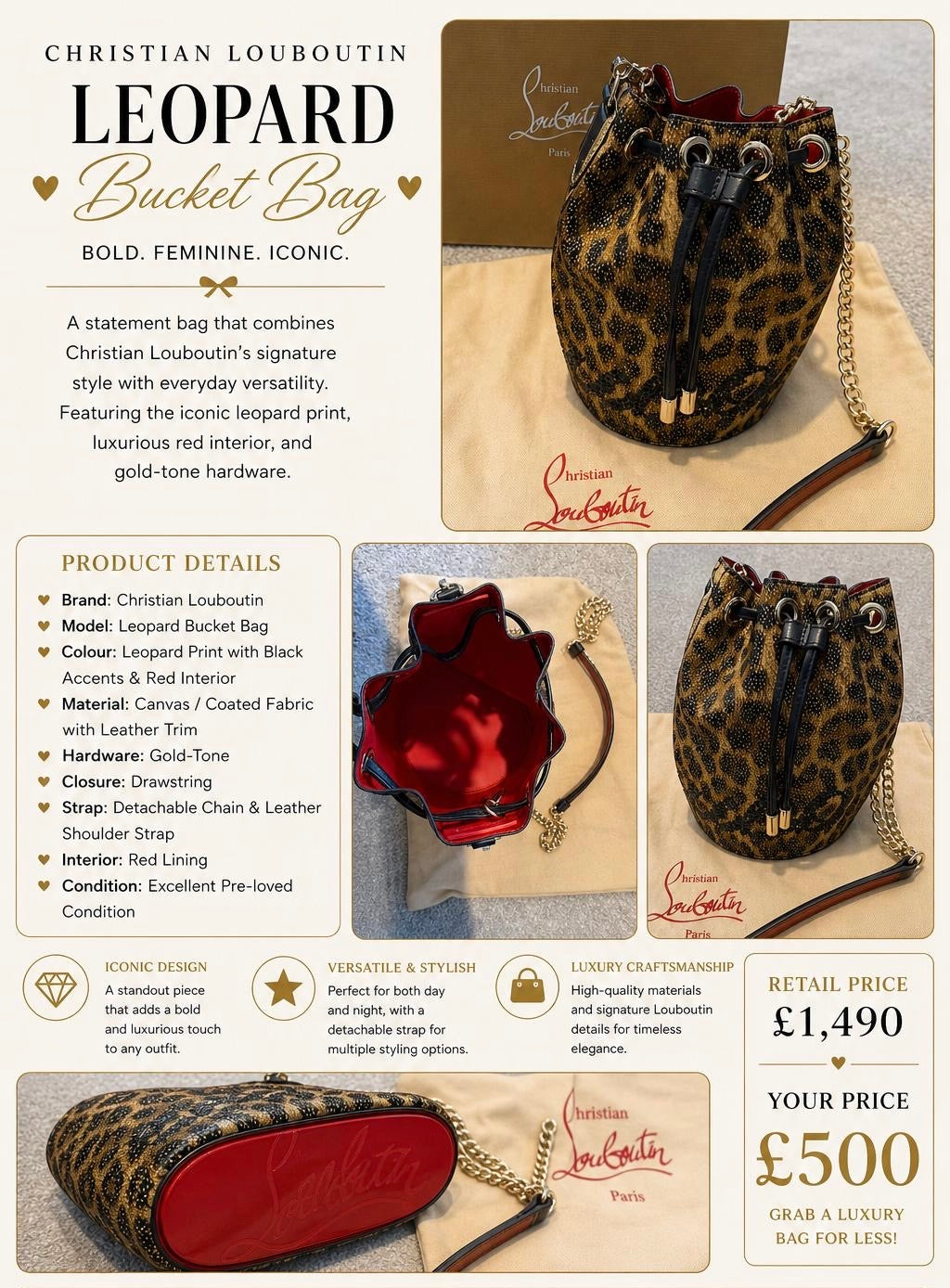 LEOPARD "Bucket Bag - PRELOVED A statement bag that combines Christian Louboutin's signature style with everyday versatility.