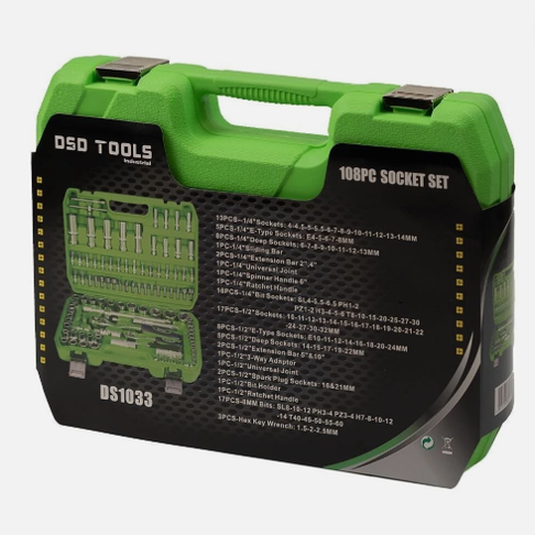 DSD TOOLS 108pc 1/4" & 1/2" Dr Metric Socket Set With Ratchets & Bits DS1033