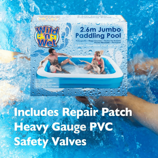 Wild & Wet 2.6m Jumbo Inflatable Family Pool with Repair Kit – Extra Large Rectangular Paddling Pool