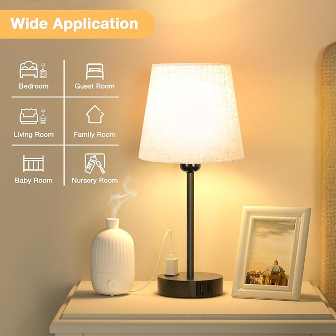Set of 2 Touch Control Bedside Lamps – Dimmable Table Lamps with USB A+C Ports, AC Sockets, 2 LED Bulbs & Linen Shades – Compact Lamps for Bedroom, Living Room, Nursery & Office/Seealle YT0177