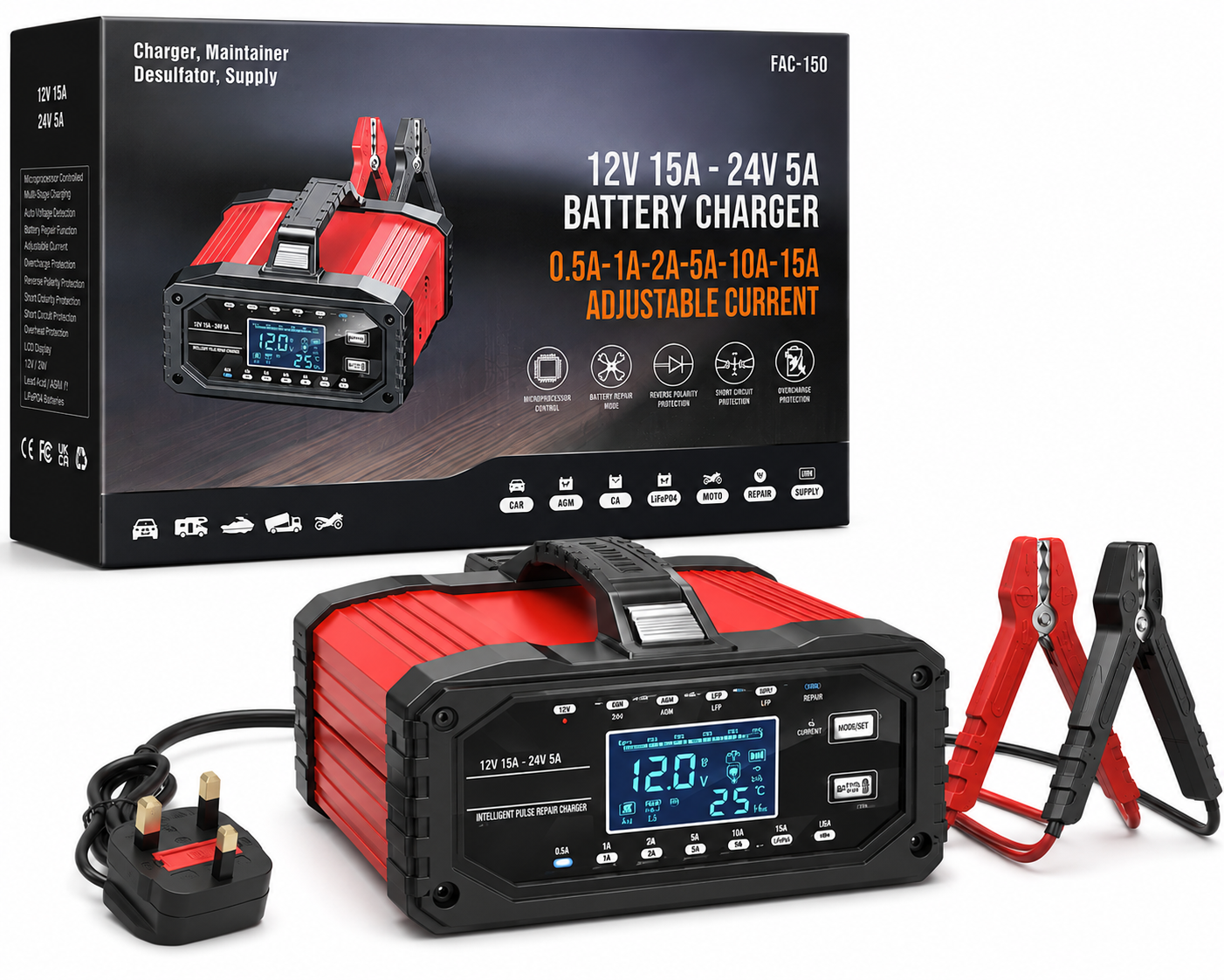 FAC-150 Intelligent 12V/24V Battery Charger – Adjustable 0.5A–15A with Repair & Maintenance Modes