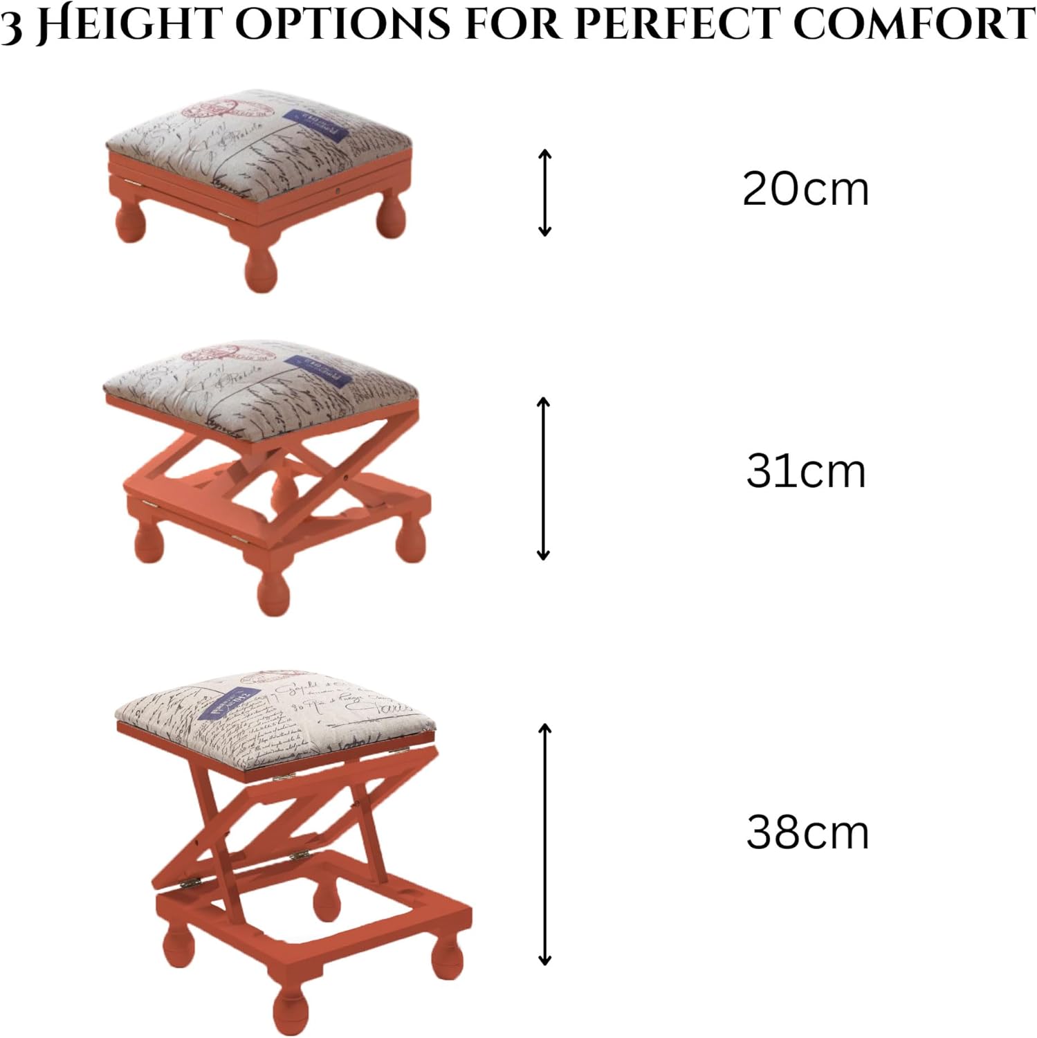 Adjustable 3-Position Footstool – Solid Wood Frame with Padded Top – Traditional Oak Finish - 4494