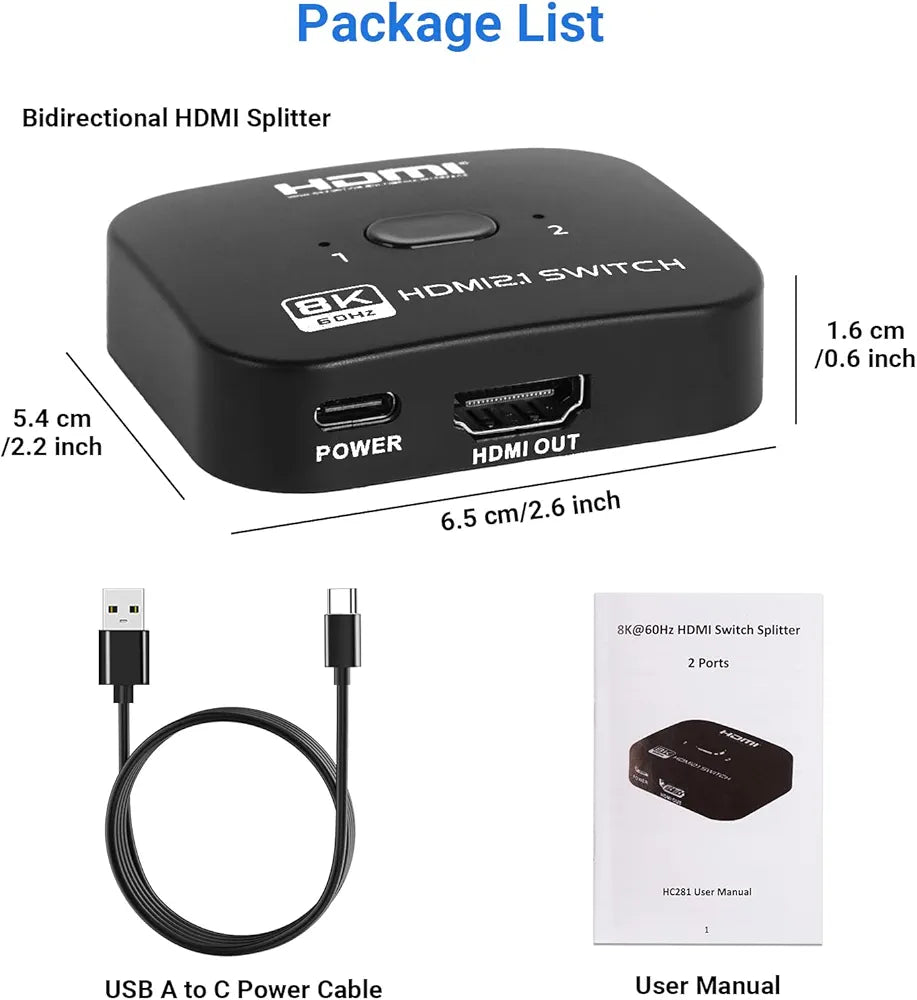 8K Bi-Directional HDMI Switcher – 2 in 1 Out / 1 in 2 Out HDMI Splitter with 48Gbps Bandwidth