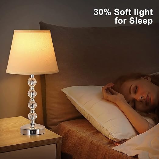 Seealle Touch Crystal Table Lamp – 3-Way Dimmable with USB-A & USB-C Charging Ports, White Linen Shade, Metal Base, and LED Bulb Included for Bedroom, Living Room, or Office/ TL11ASE7C