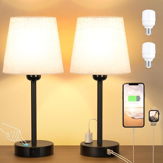 Set of 2 Touch Control Bedside Lamps – Dimmable Table Lamps with USB A+C Ports, AC Sockets, 2 LED Bulbs & Linen Shades – Compact Lamps for Bedroom, Living Room, Nursery & Office/Seealle YT0177