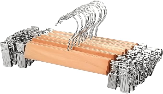 10 x Natural Wooden Coat Hangers with Clips or Trouser Hangers with Clips
