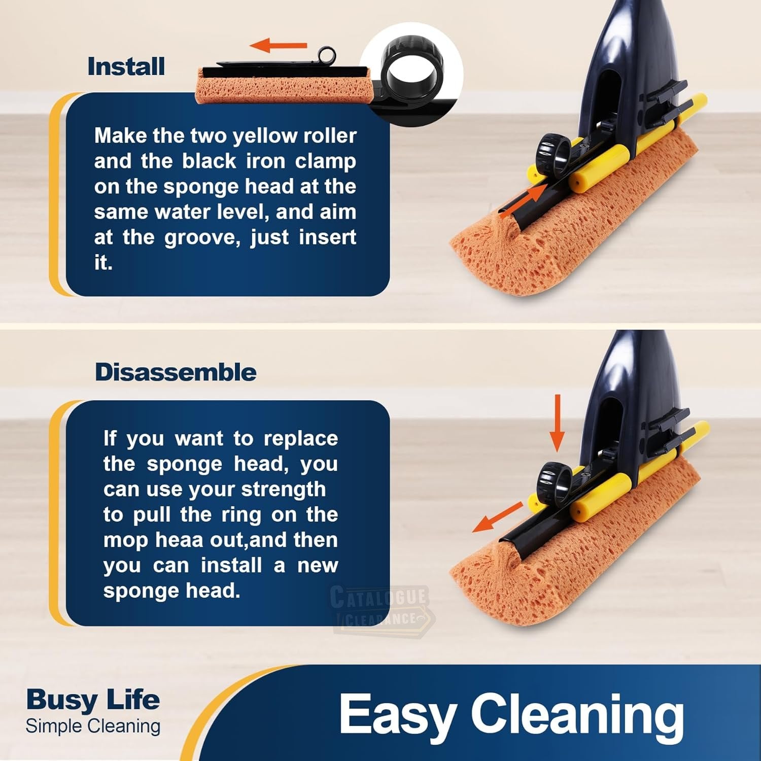 Yocada Commercial Sponge Mop with 2 Heads, Squeegee & Extendable Telescopic Handle – For Tile, Bathroom & Garage Cleaning