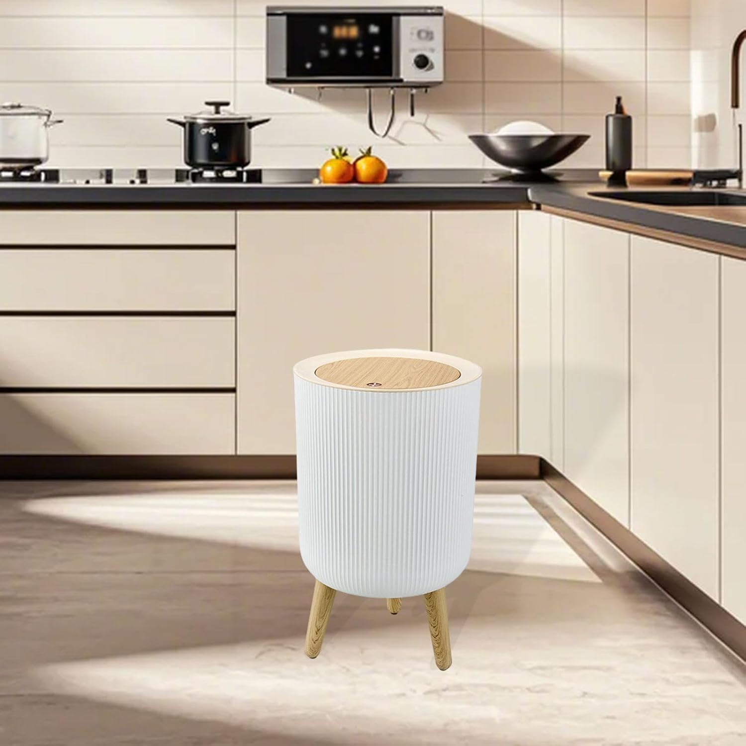 Ronyme 7L Trash Can with Press Lid – Elevated Waste Bin with Legs & Concealed Bag Holder (White)
