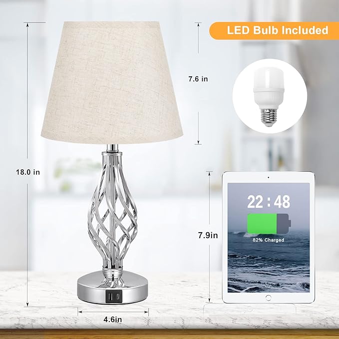 Set of 2 Aooshine Touch Control Table Lamps – 3-Way Dimmable Bedside Lamps with USB-A & USB-C Charging Ports, Beige Linen Shades & Spiral Cage Base – Ideal for Bedroom, Living Room, or Hotel
