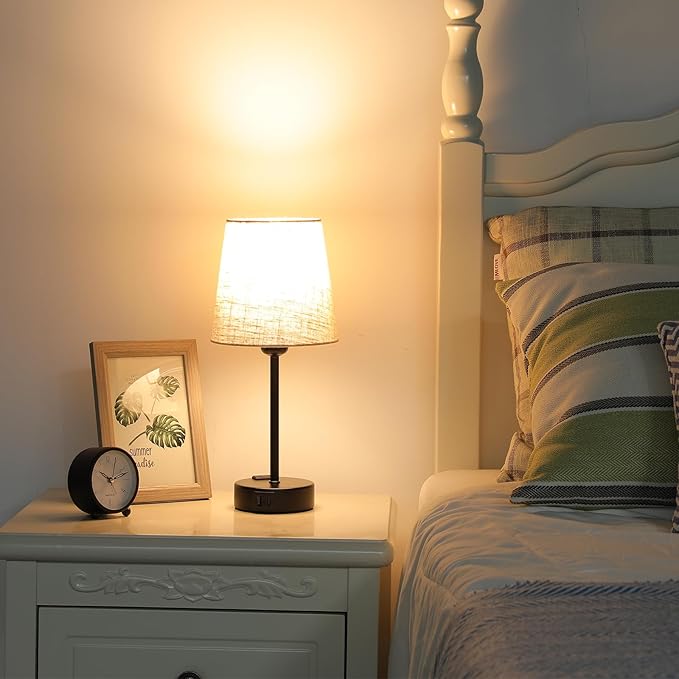 Set of 2 Touch Control Bedside Lamps – Dimmable Table Lamps with USB A+C Ports, AC Sockets, 2 LED Bulbs & Linen Shades – Compact Lamps for Bedroom, Living Room, Nursery & Office/Seealle YT0177