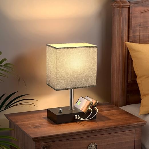 Seealle Fully Dimmable Bedside Table Lamp – Small Lamp with USB A & C Charging Ports, Gray Fabric Shade, Phone Stand, and LED Bulb Included for Bedroom, Living Room, or Office/TL23SAL6Y