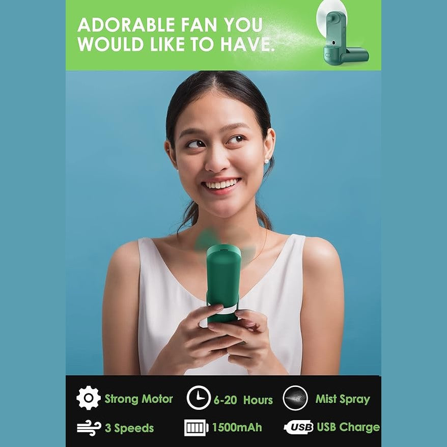 POWERbeast Portable Handheld Misting Fan – USB Rechargeable Mini Fan with 3 Speed Settings Green