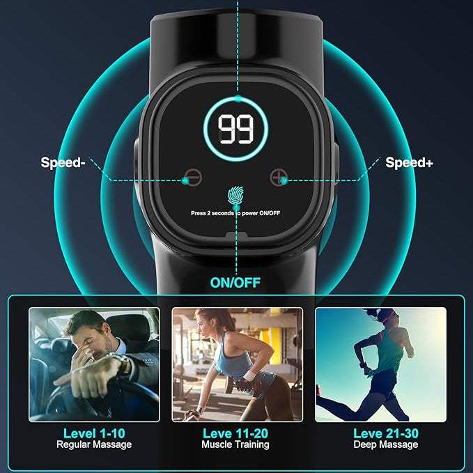 Deep Tissue Massage Gun with 6 Attachments & LCD Display – Muscle Recovery & Pain Relief