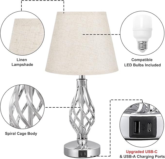 Set of 2 Aooshine Touch Control Table Lamps – 3-Way Dimmable Bedside Lamps with USB-A & USB-C Charging Ports, Beige Linen Shades & Spiral Cage Base – Ideal for Bedroom, Living Room, or Hotel