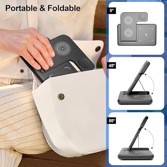 Wireless Charger 3-in-1 Charging Station – 15W Qi Fast Foldable Magnetic Stand Dock with Adapter